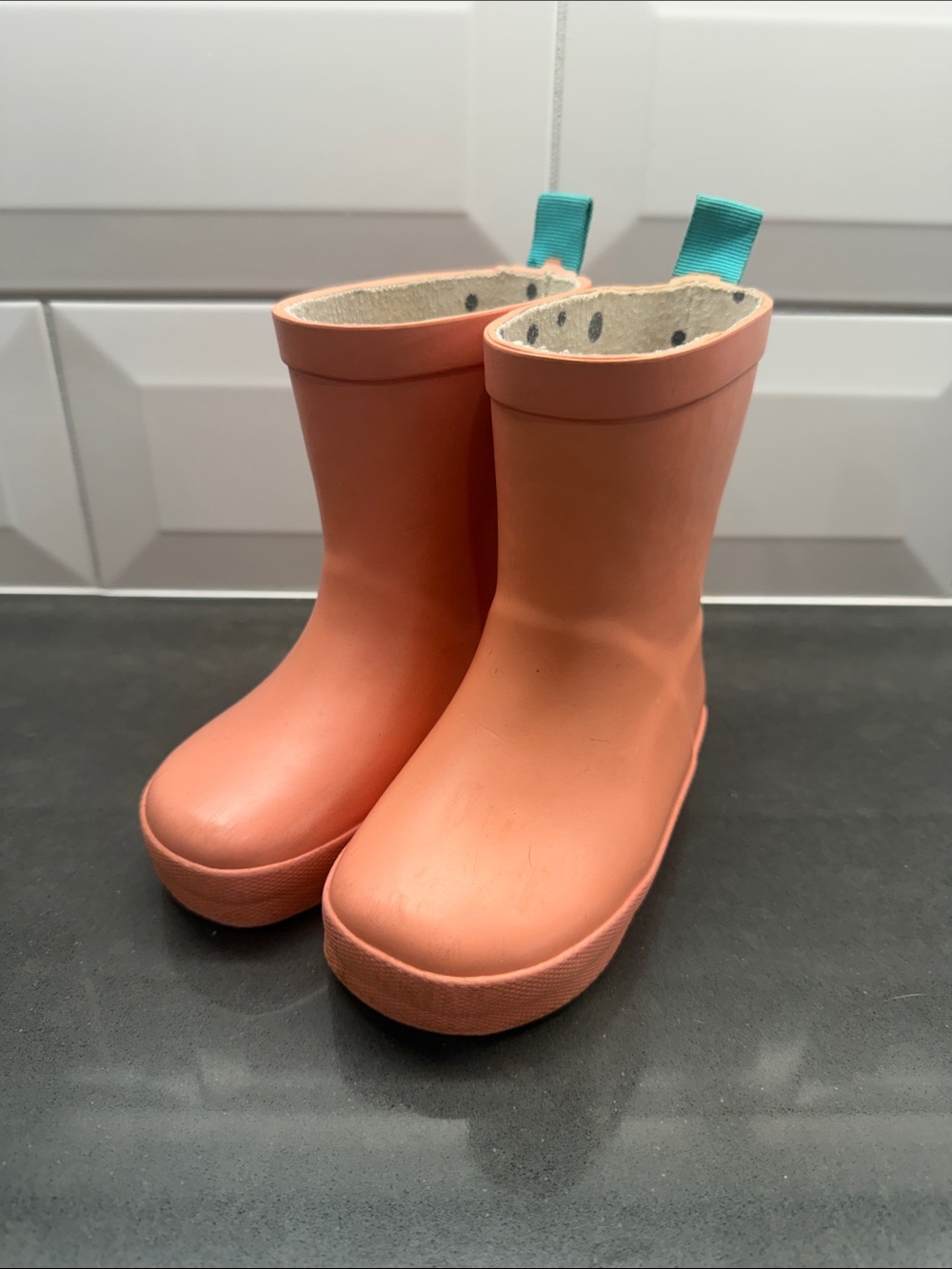 Kids Waterproof Coral Rain Boots with Teal Pull Tabs